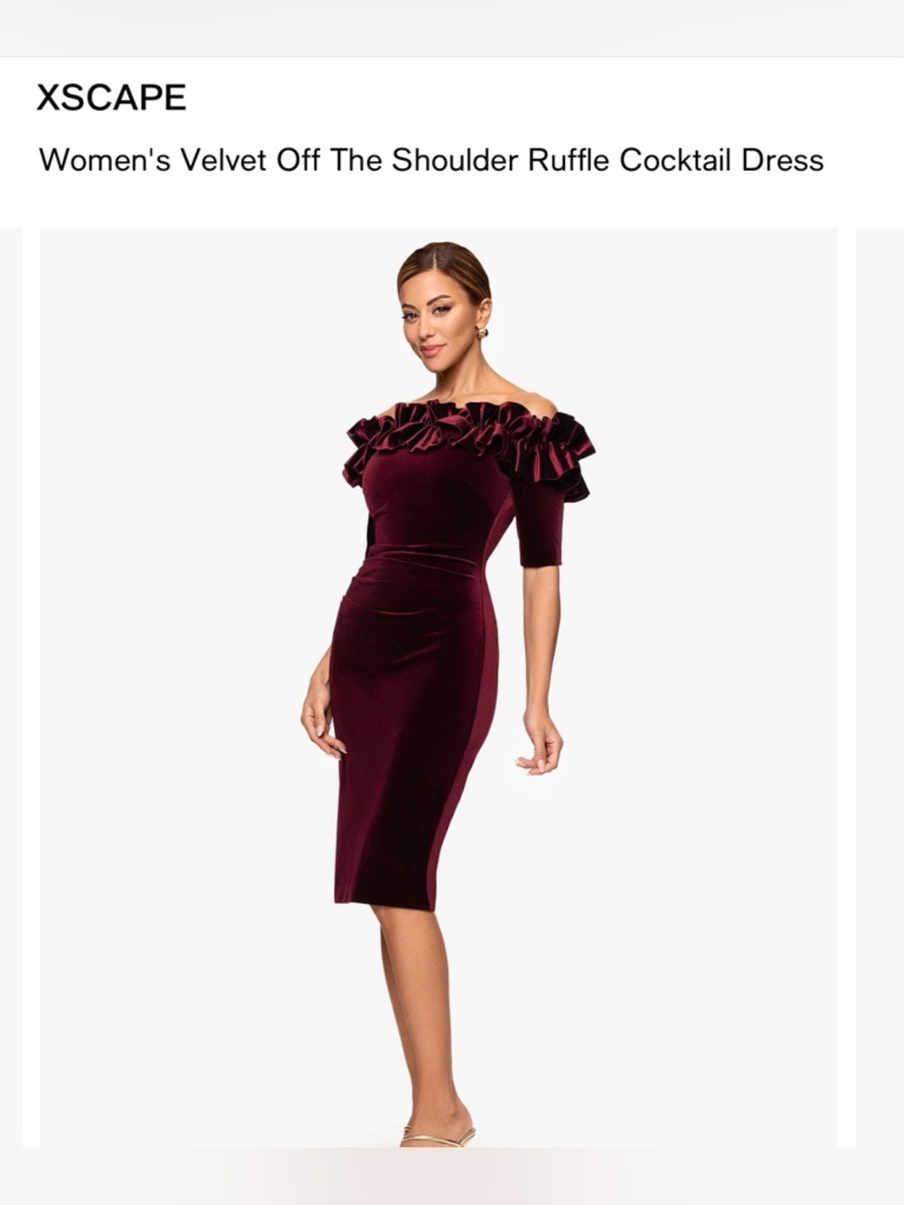 Xscape One-Shoulder Ruffle Velvet Sheath Dress - Burgundy - Picture 2 of 6